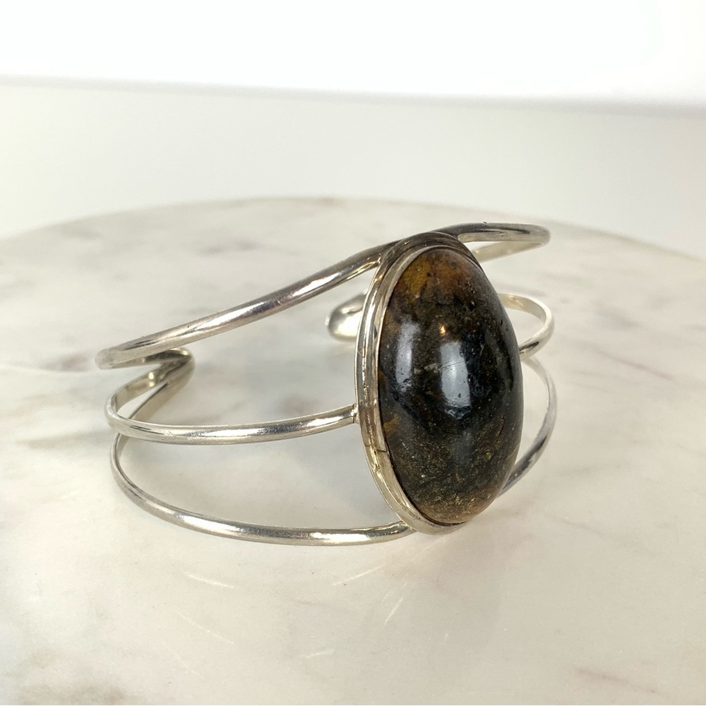 Sterling Silver Bracelet Cuff Big Oval Jasper Triple Shank  Stamped 925 Vtg